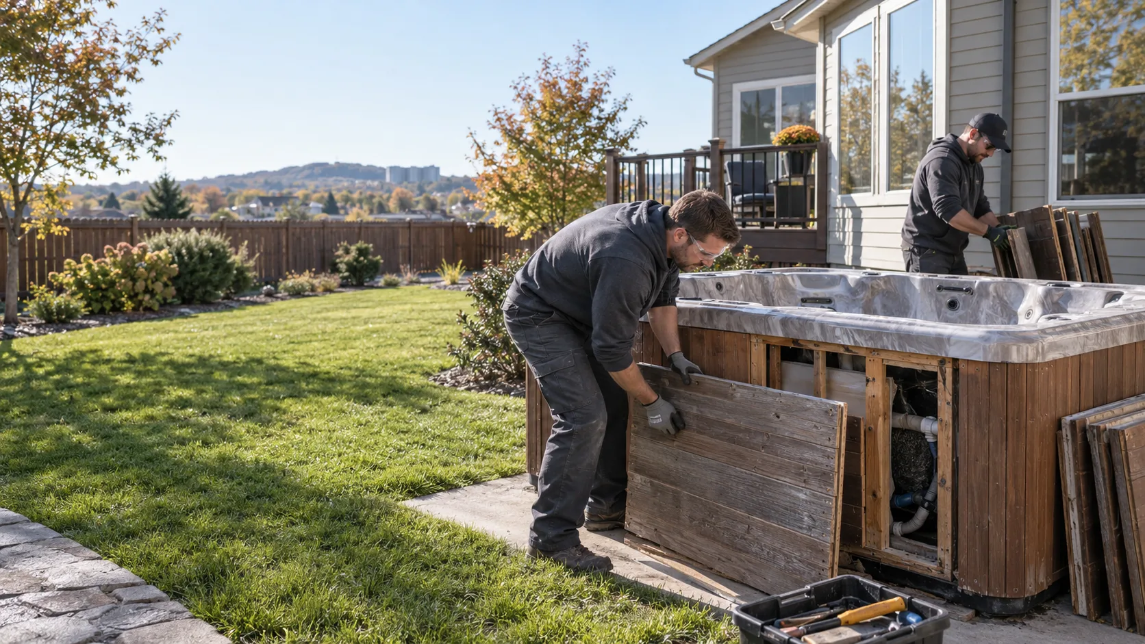 A removal crew preparing an old hot tub for haul-away in a residential backyard